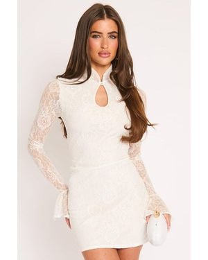 Rebellious Fashion Lace High Neck Mini Dress - Natural