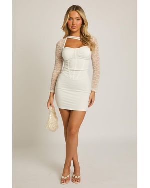 Rebellious Fashion Asymmetric Long Sleeve Corset Satin Mini Dress - Natural