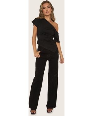 Rebellious Fashion Stretch Denim Diamante Wide Leg Jeans - Black