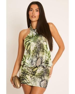 Rebellious Fashion Printed Slinky High Neck Bodycon Mini Dress - Green