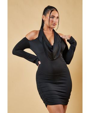 Rebellious Fashion Cowl Neck Off Shoulder Mini Dress - Black