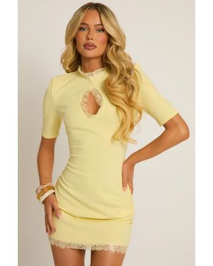 Rebellious Fashion Shoulder Pad Lace Trim Mini Dress - Yellow