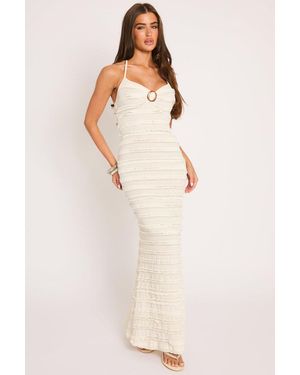 Rebellious Fashion Ruffle Trim Detail Halter Maxi Dress - Natural