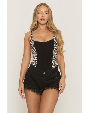 Rebellious Fashion Leopard Print Square Neck Bodysuit - Black