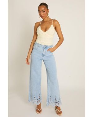 Rebellious Fashion Broderie Detail Wide Leg Jeans - Blue