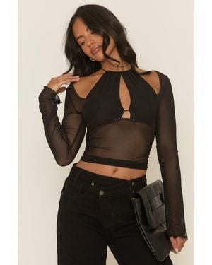 Rebellious Fashion Mesh Long Sleeve Cut Out Top - Black