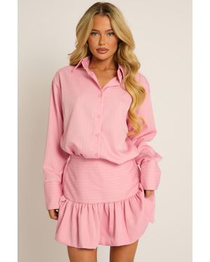 Rebellious Fashion Pinstripe Shirt And Puffball Skirt Co-Ord Set - Pink