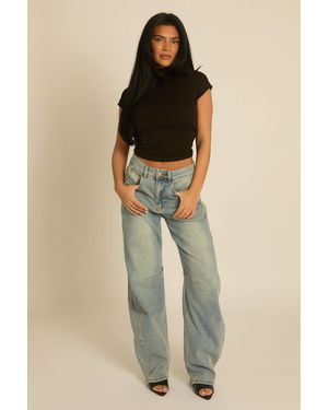 Rebellious Fashion Washed Stretch Denim Barrel Leg Jeans - Blue