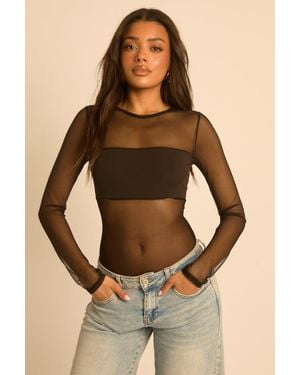 Rebellious Fashion Mesh Long Sleeve Bodysuit - Natural