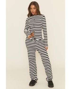 Rebellious Fashion Stripe Button Front Long Sleeve Top And Trouser Loungewear Co-Ord Set - Natural
