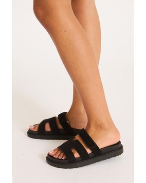 Rebellious Fashion Faux Suede Caged Slider Sandals - Black