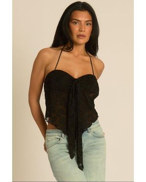 Rebellious Fashion Lace Halterneck Tie Front Top - Natural