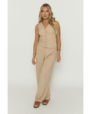 Rebellious Fashion Crinkle Waistcoat And Wide Leg Trouser Co-Ord Set - Natural