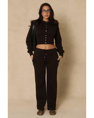 Rebellious Fashion Popper Front Cinched Waist Sweatshirt And Wide Leg Trousers Loungewear Co-Ord Set - Black