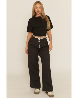 Rebellious Fashion Contrast Waist Wide Leg Trousers - Black