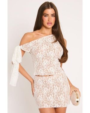 Rebellious Fashion Lace Tie Shoulder Top And Mini Skirt Co-Ord Set - Natural