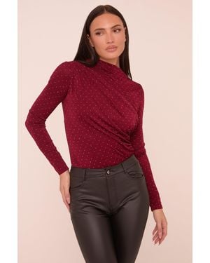 Rebellious Fashion Burgundy Ruching Detail Long Sleeves Bodysuit - Red