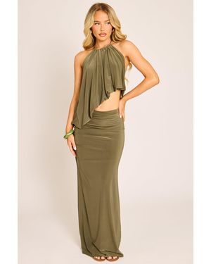 Rebellious Fashion Asymmetric Drape Halter Top And Maxi Skirt Co-Ord Set - Green