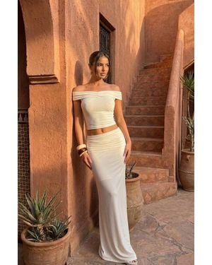 Rebellious Fashion Bardot Crop Top And Ruched Maxi Skirt Co-Ord Set - Brown