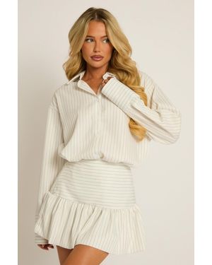 Rebellious Fashion Pinstripe Shirt And Puffball Skirt Co-Ord Set - Natural