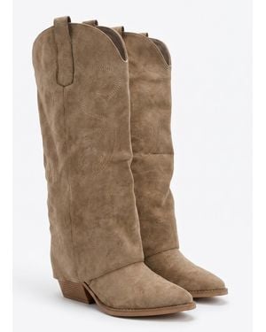 Rebellious Fashion Faux Suede Layered Knee High Cowboy Boots - Brown