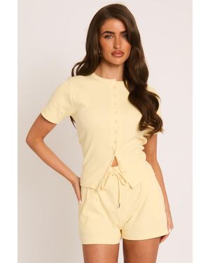 Rebellious Fashion Rib Button Front Top And Short Loungewear Co-Ord Set - Natural