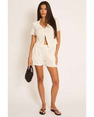 Rebellious Fashion Textured Short Sleeve Shirt And Shorts Co-Ord Set - Natural