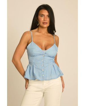 Rebellious Fashion Stripe Button Front Peplum Top - Blue