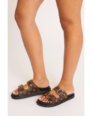 Rebellious Fashion Faux Leather Logo Monogram Studded Sandals - White