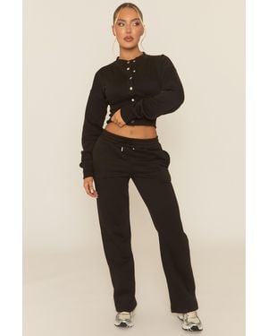 Rebellious Fashion Popper Front Cinched Waist Sweatshirt And Wide Leg Trousers Loungewear Co-Ord Set - Black