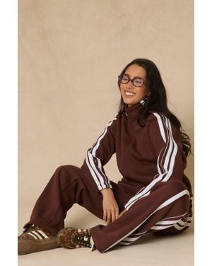 Rebellious Fashion Contrast Stripe Jacket And Joggers Loungewear Co-Ord Set - Brown