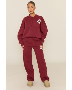 Rebellious Fashion Contrast Motif Zip Front Bomber And Joggers Loungewear Co-Ord Set - Red