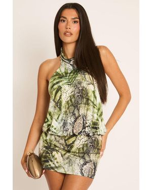Rebellious Fashion Printed Slinky High Neck Bodycon Mini Dress - Green