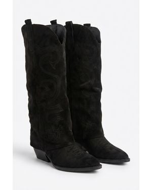 Rebellious Fashion Faux Suede Layered Knee High Cowboy Boots - Black