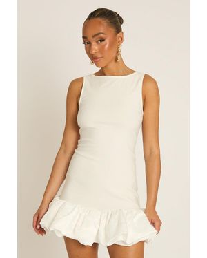Rebellious Fashion Satin Puffball Hem Mini Dress - Natural