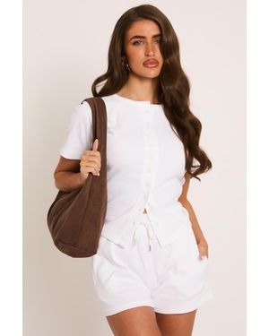 Rebellious Fashion Rib Button Front Top And Short Loungewear Co-Ord Set - White