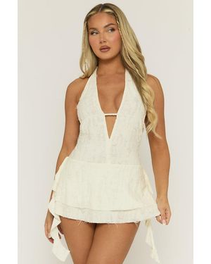 Rebellious Fashion Cream Distressed Plunge Mini Dress - Brown