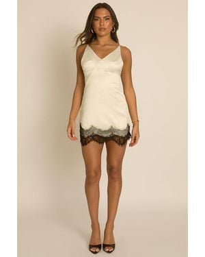 Rebellious Fashion Cream Satin Contrast Lace Slip Dress - Natural