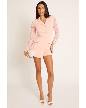 Rebellious Fashion Lace Sleeve Tailored Blazer Playsuit - Pink