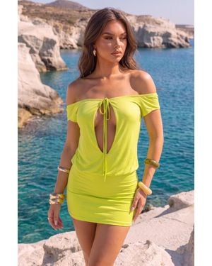 Rebellious Fashion Off Shoulder Keyhole Tie Front Mini Dress - Yellow