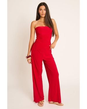 Rebellious Fashion Bandeau Asymmetric Top And Wide Leg Trouser Co-Ord Set - Red