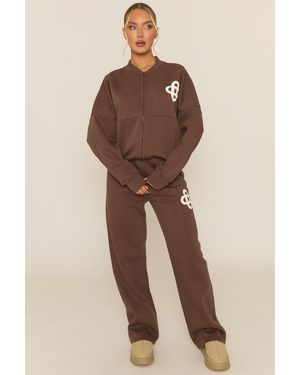 Rebellious Fashion Contrast Motif Zip Front Bomber And Joggers Loungewear Co-Ord Set - Natural