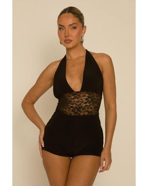 Rebellious Fashion Plunge Halterneck Lace Insert Playsuit - Black