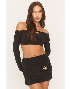 Rebellious Fashion Bardot Top And Mini Skirt Co-Ord Set - Black