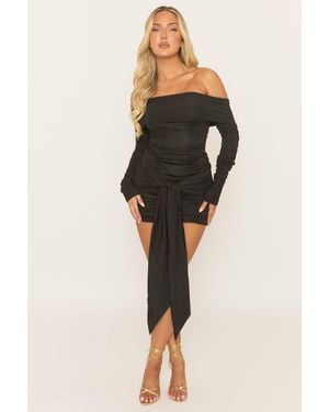 Rebellious Fashion Bardot Tie Waist Mini Dress - Black