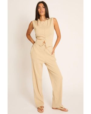 Rebellious Fashion Button Front Top And Trouser Loungewear Co-Ord Set - Natural