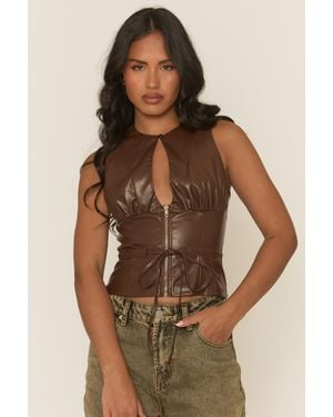 Rebellious Fashion Chocolate Faux Leather Zip Front Top - Brown