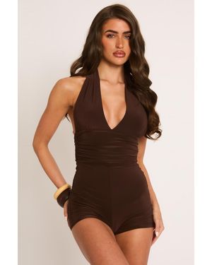 Rebellious Fashion Halter Neck Plunge Tie Back Playsuit - Brown
