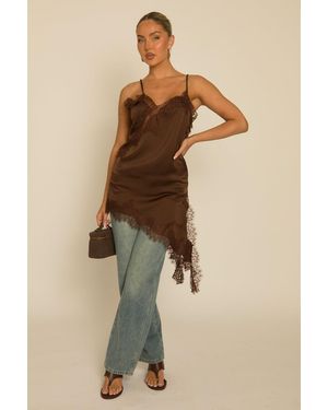 Rebellious Fashion Satin Lace Trim Asymmetric Cami Top - Brown