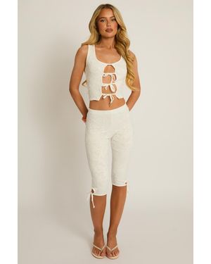 Rebellious Fashion Lace Tie Front Top And Capri Trousers Co-Ord Set - Natural